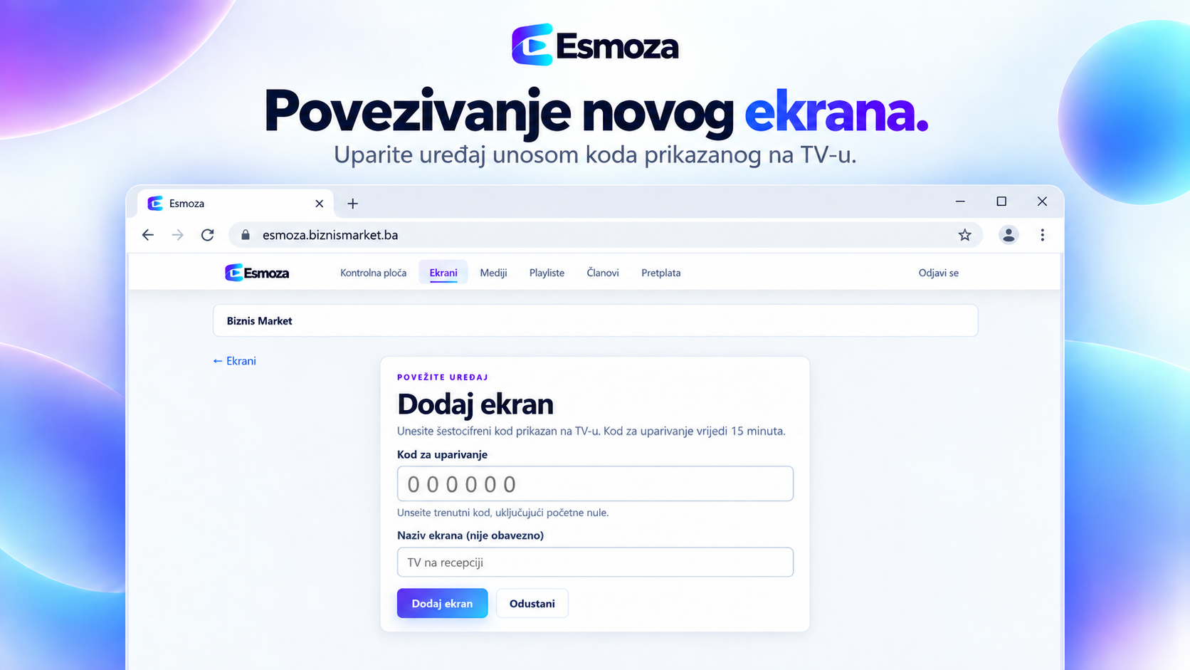 Povezivanje Android TV ekrana sa Esmoza platformom